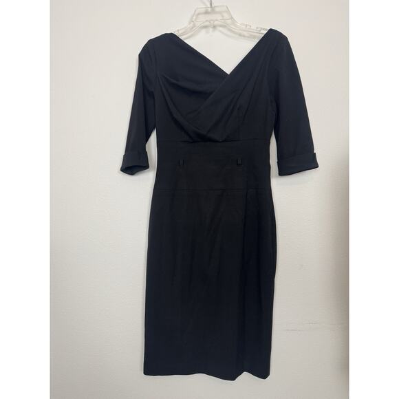 Black Halo 3/4 Sleeve Jackie in Black Stretch Gabardine Belted Sheath Dress 4 - Picture 3 of 15